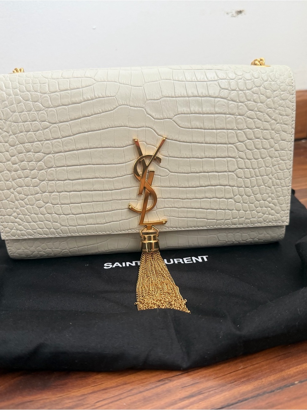 Saint Laurent Cream Croc-Embossed Tassel Shoulder Bag with Gold Hardware